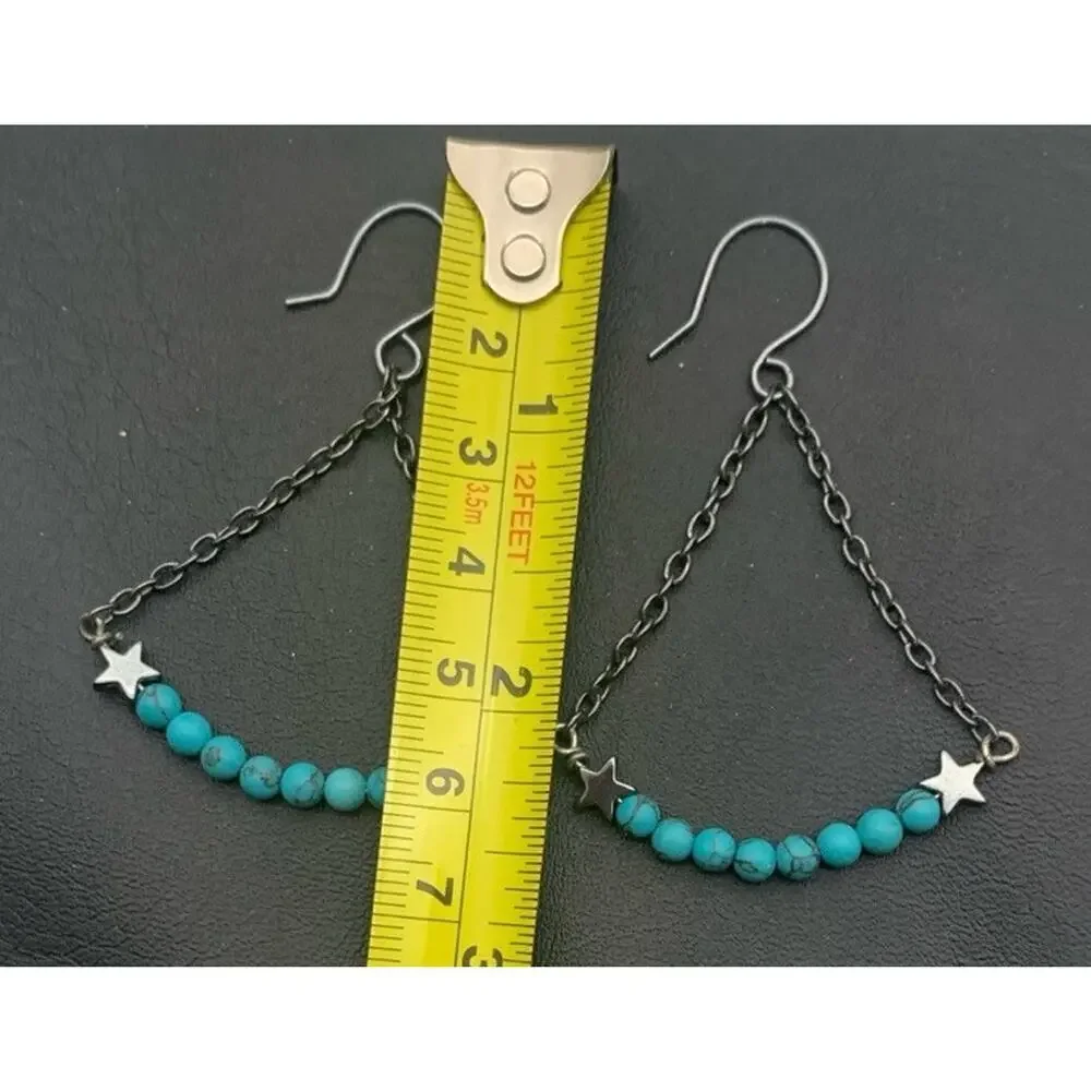 Dark Silver Tone Faux Turquoise With Stars Dangle Boho‎ Southwestern Earrings